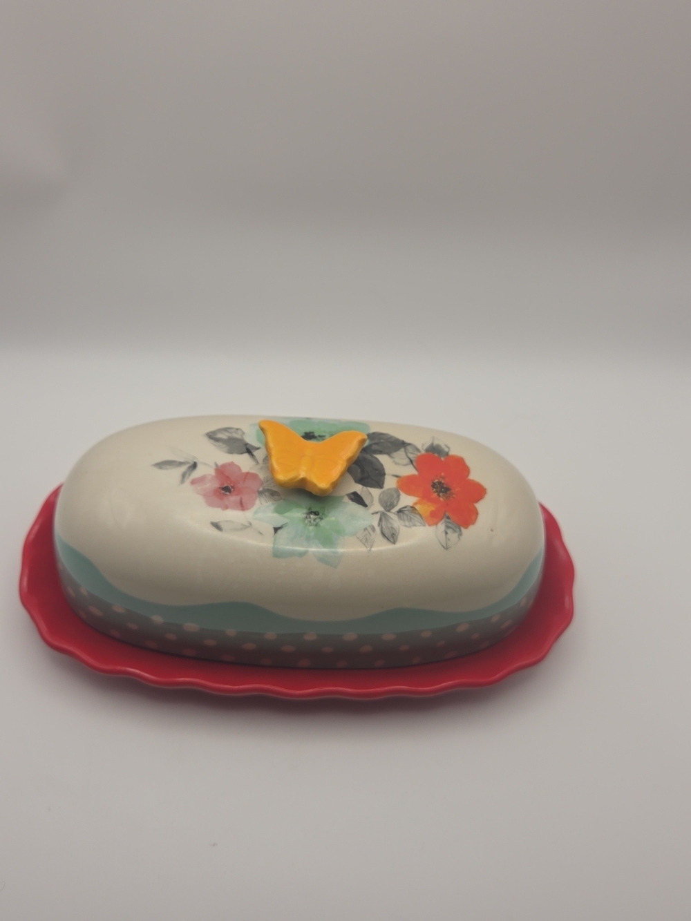 Pioneer Woman Flea Market Floral Butter Dish with Yellow Butterfly Accent